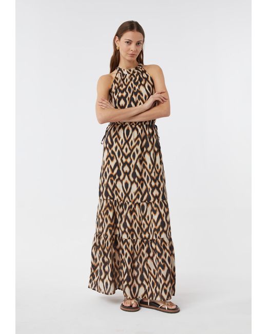Comma, White Fließendes Maxikleid mit amerikanischer Schulter und All-over-Print
