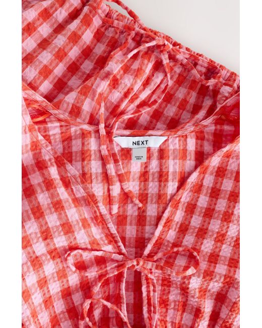 Next Red Kurzarmbluse Bluse mit Puffärmeln, Vichykaros und Bindedetail (1-tlg)
