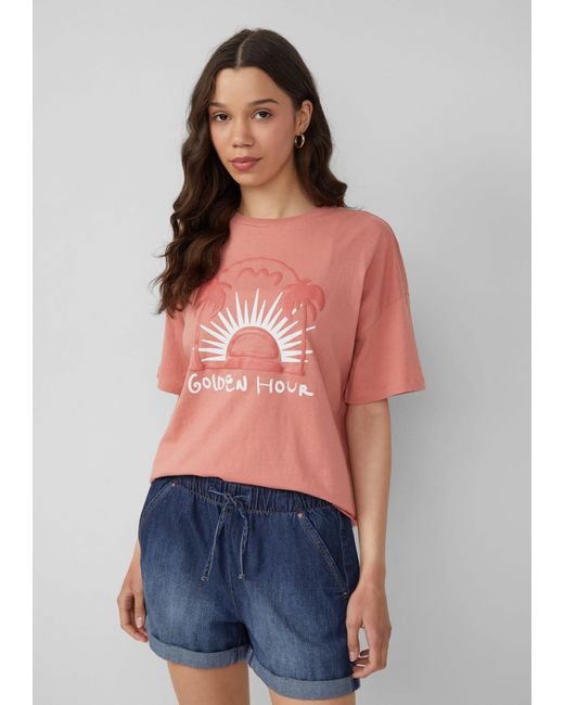 QS Pink Kurzarmshirt Baumwollshirt mit Frontprint