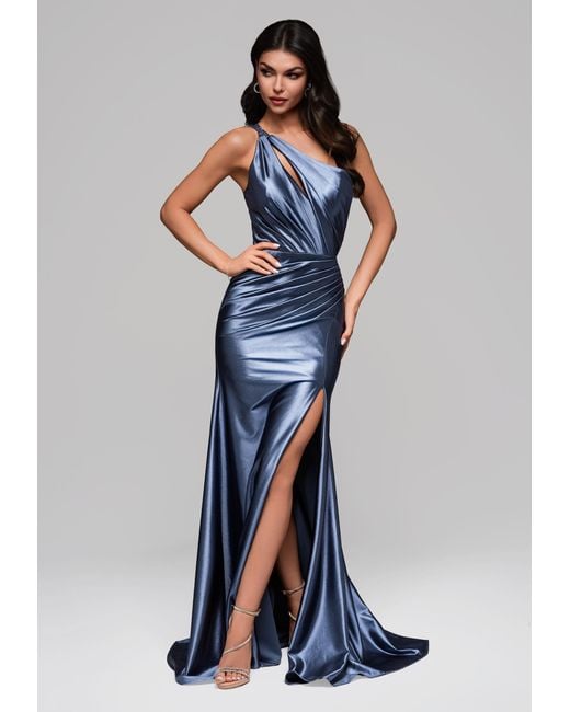 Ombre Blue Asymmetrisches Satin-Abendkleid mit Schlitz