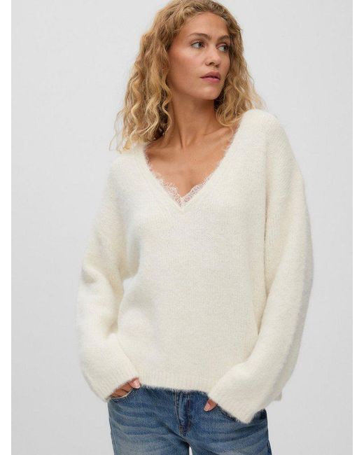 Vero Moda White Strickpullover Vmberry Lace Ls V-Neck Pullover Noos Materialmix, Regular Fit, Spitze
