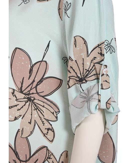 PEKIVESSA White Sommerkleid Hemdblusenkleid Turn-Up-Ärmel Legerer gerader Schnitt mit Allover-Print