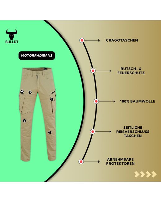 BULLDT Motorradhose JEANS-004 Motorradjeans Cargohose mit Aramidstoff Protektoren in Green für Herren