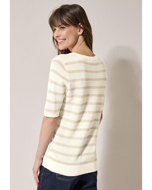 Cecil Natural Kurzarmpullover mit Streifen und in Struktur-Optik