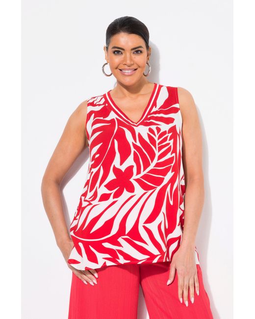 Ulla Popken Red Spitzenbluse Blusentop Blätter A-Linie V-Ausschnitt ärmellos