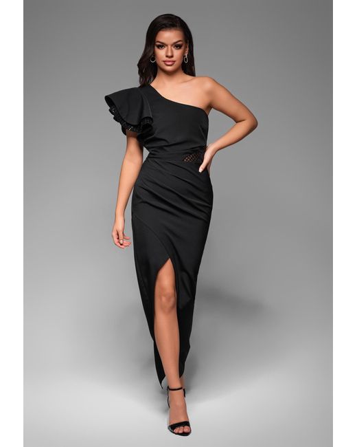 Ombre Gray Elegantes asymmetrisches Abendkleid mit Rüschenärmel