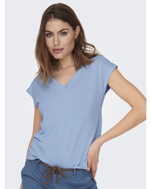 ONLY Blue T-Shirt Basic mit -Ausschnitt, kurze Ärmel ONLFREE LIFE /S MOD.V-NECK TOP JRS NOOS