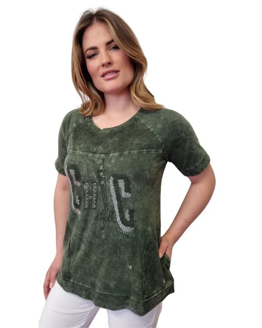 Gio Milano Green T-Shirt im Wash-Out-Effect mit Strassbesatz
