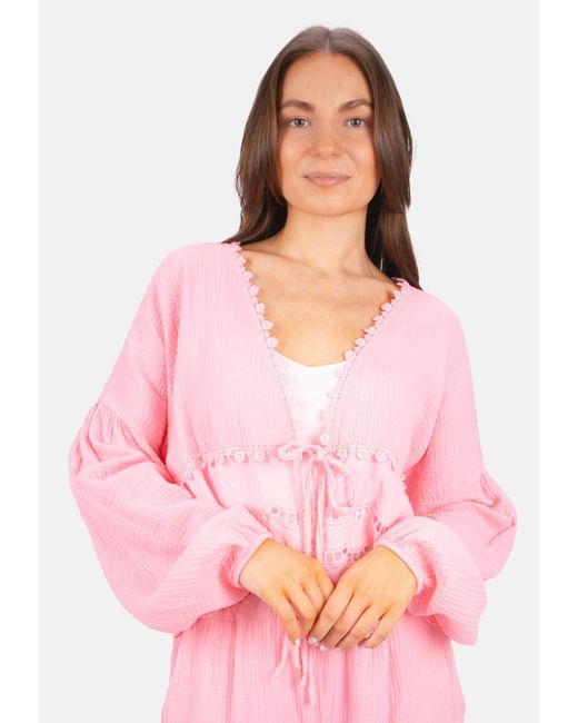 Seasons of April Pink Shirtbluse LAURA Musselin Bluse mit Spitze & Bindeband – im Boho Stil Frühling/Sommer