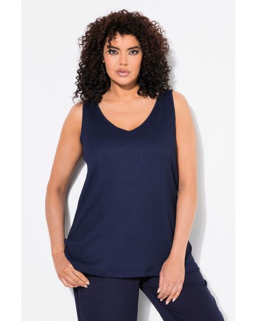 Ulla Popken Blue Longtop Jerseytop Struktur Classic V-Ausschnitt ärmellos
