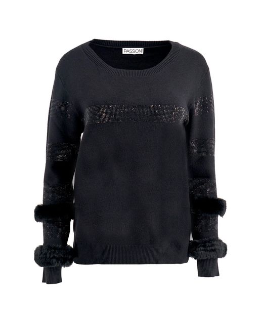 Passioni Black Strickpullover Modischer schwarzer Pullover mit Kunst-Fell- und Streifen