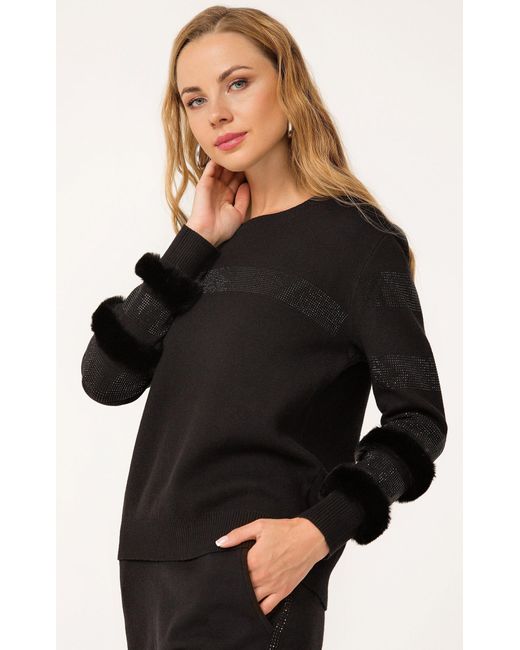 Passioni Black Strickpullover Modischer schwarzer Pullover mit Kunst-Fell- und Streifen