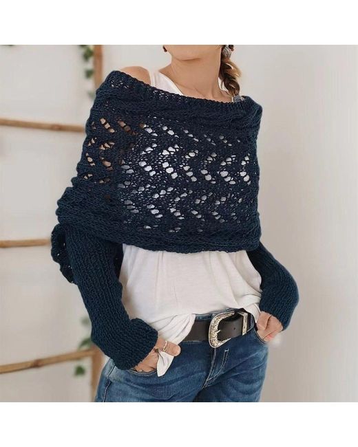 autolock Blue Strickponcho Multifunktionaler Schal mit Ärmeln,Gestrickter Zopf-Wickel