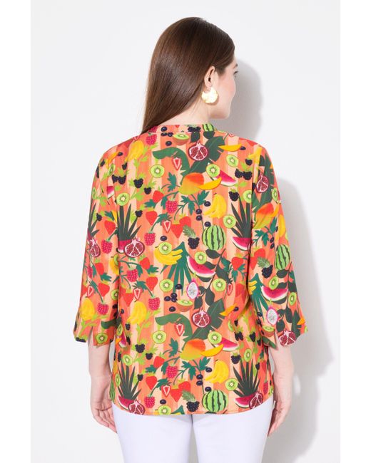 Ulla Popken Orange Longbluse Tunika Früchte Stehkragen V-Ausschnitt 3/4-Arm
