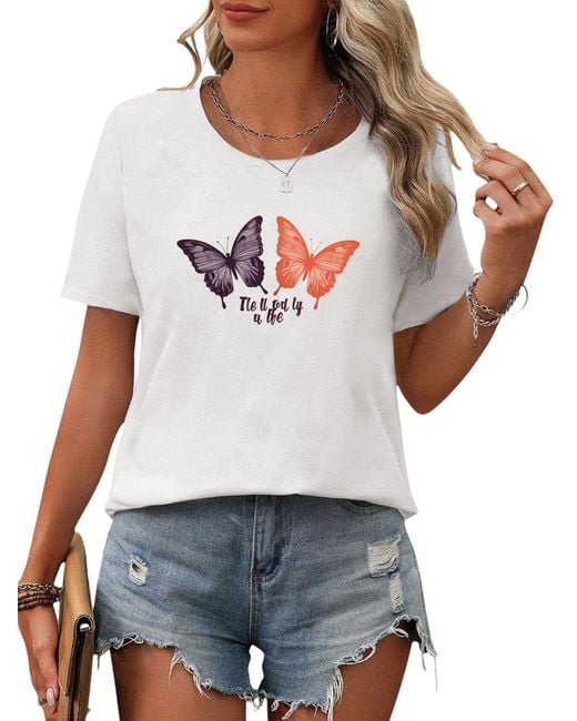 PYL Gray Rundhalsshirt Bequemes Sommer T shirt mit Schmetterling Ausgefallene Druck Bequem für Freizeit und Büro,Strandurlaub