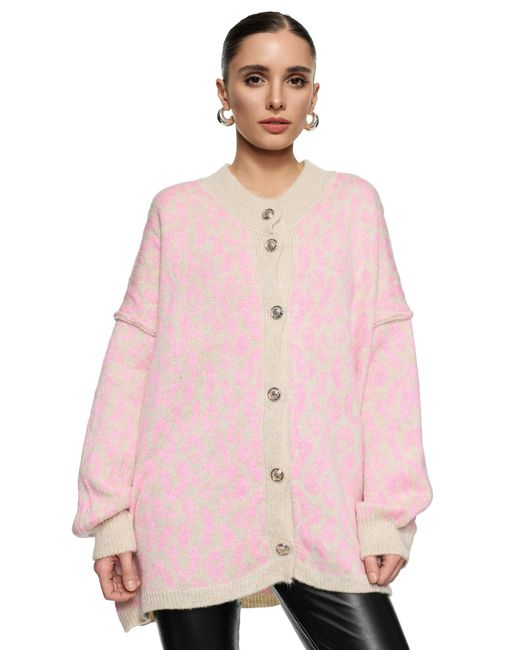 Worldclassca Pink Cardigan Cardigan Oversize Strickjacke Knöpfen Leopard Look Neue Kollektion