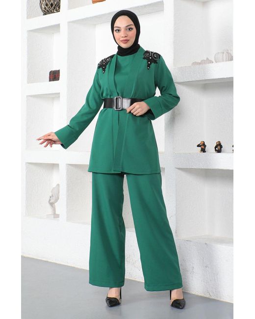 Moda Mihram Green Hosenanzug ı ıDantel Detail Jumpsuit-Set