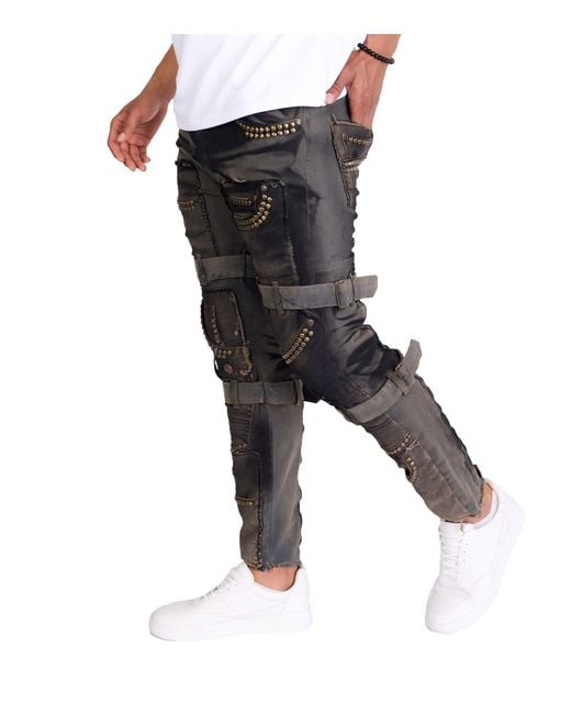 KINGZ Slim-fit-Jeans Designer Patchworkjeans mit Nieten Blau W34/L32 in Blue für Herren
