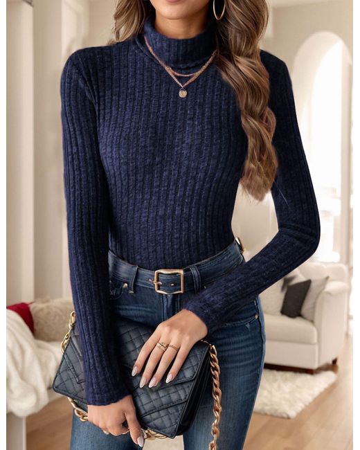 LUCKZON Blue Rollkragenpullover Rollkragen Langarmshirts mit Rippenmuster