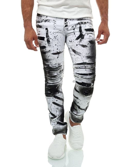KINGZ Designer Jeans Slim-Fit mit Batik Waschung Weiß-Schwarz 36/34 in Multicolor für Herren