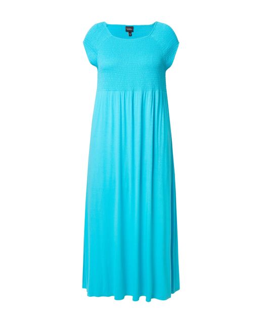 Ulla Popken Blue Maxikleid Kleid A-Linie gesmokt Carré-Ausschnitt Halbarm