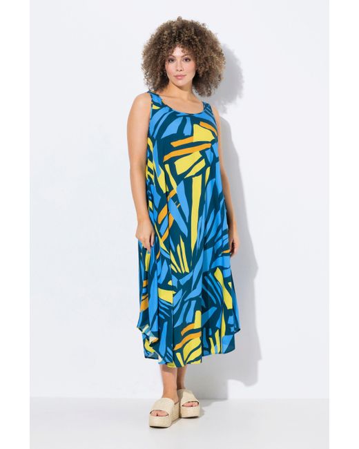Ulla Popken Blue Maxikleid Midikleid abstrakter Druck A-Linie Rundhals