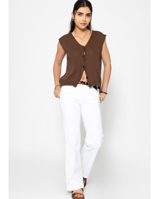 SassyClassy Brown Kurzweste Ärmellose Strickweste Grober Strick V-Ausschnitt Knöpfe leicht & feminin