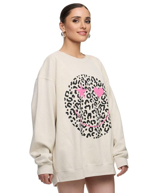 Worldclassca White Oversized Happy Love Print Langarm Pullover Freizeit Sweatshirt
