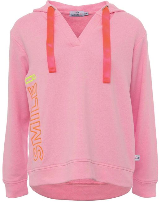 Zwillingsherz Pink Sweatshirt mit V-Ausschnitt, Frontprint durch das Wort Smile, neonfarben