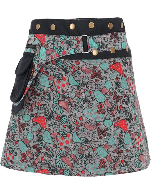 Guru-Shop Gray Minirock Wickelrock, kurzer Pilz Print Goa Rock, Cacheur.. alternative Bekleidung