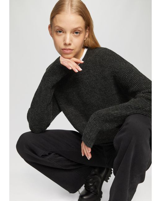 QS Black Melierter Strickpullover mit überschnittenen Ärmeln