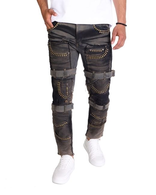 KINGZ Slim-fit-Jeans Designer Patchworkjeans mit Nieten Blau W34/L32 in Blue für Herren