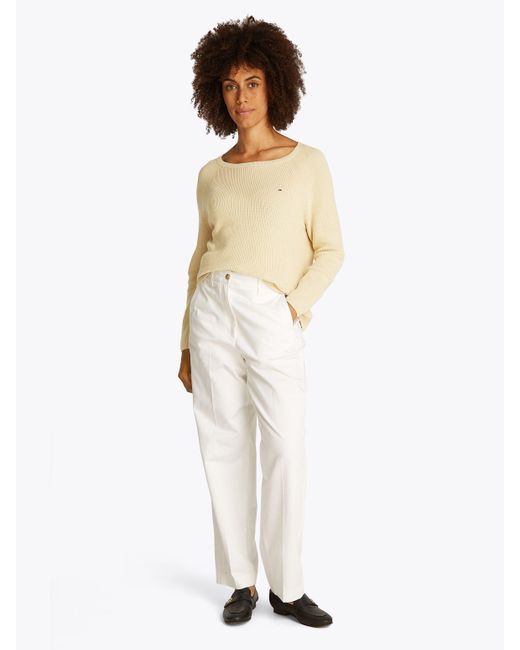 Tommy Hilfiger Natural Strickpullover CO CARDI FINE GG LS BOAT-NK SWT mit Raglanärmel, Logostickerei