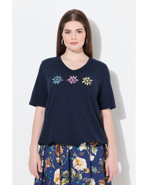 Ulla Popken Blue T-Shirt Stickerei V-Ausschnitt Halbarm Gummisaum