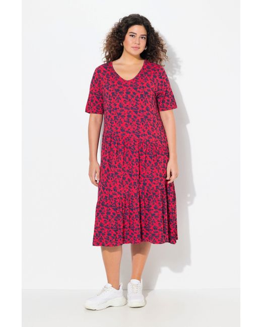 Ulla Popken Red Midikleid Jerseykleid Volants A-Linie V-Ausschnitt Halbarm