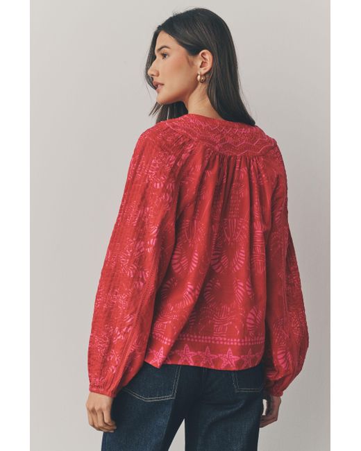 Next Red Langarmbluse Langärmelige Bluse mit Biesen und Stehkragen (1-tlg)