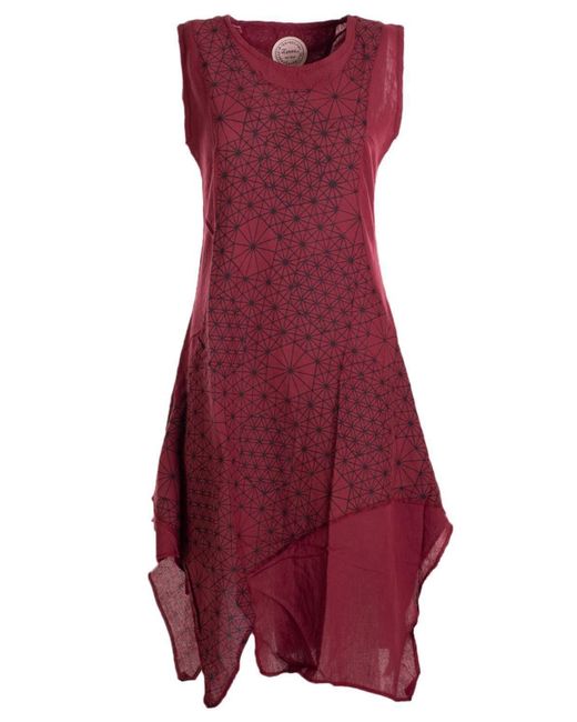 Vishes Red Midikleid knielanges Kleid Baumwolle Geometrisch Lagenlook Armlos Alternative Bekleidung