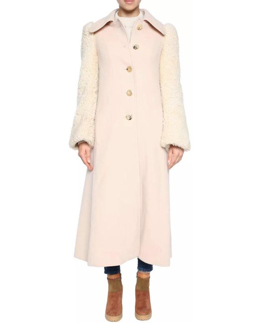 Chloé Natural Langmantel Wintermantel Mantel Parka mit ä Ärmel aus flauschigem Lammfell,Flanellähnliche Struktur,Rückenschlitz