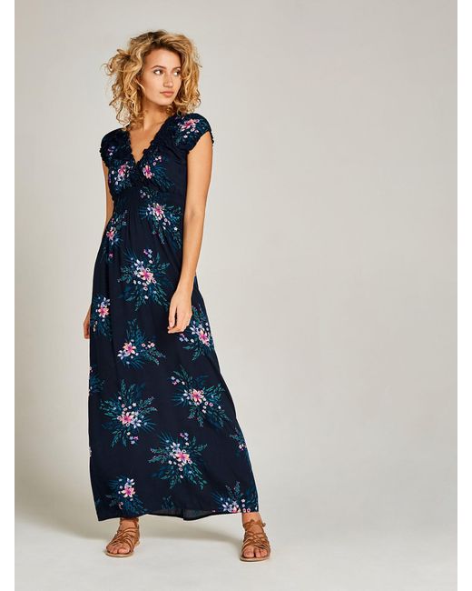 Apricot Blue Maxikleid Hibiscus Spray Smock V-neck Maxi, (1-tlg) mit Smokband