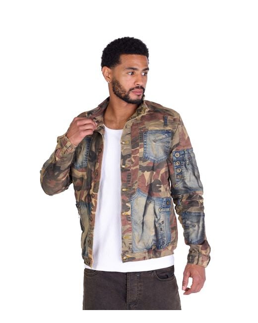 KINGZ Jeansjacke Patchwork Designerjacke Camouflage L in Brown für Herren