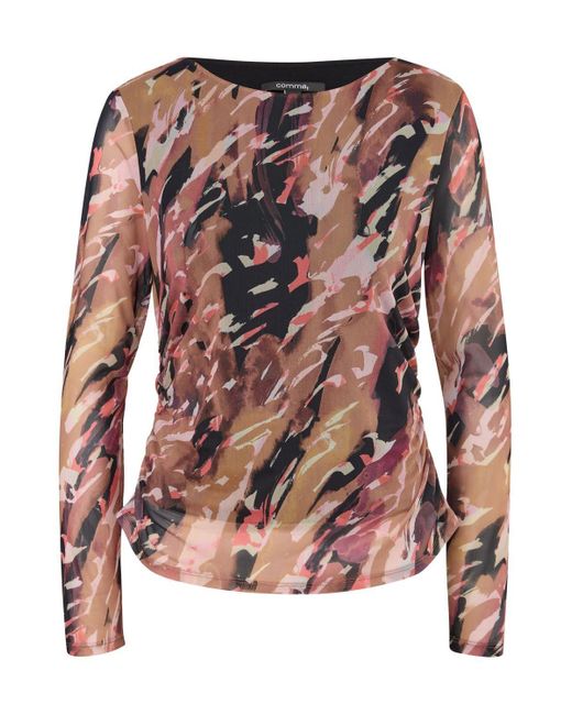 Comma, Pink T-Shirt Mesh-Longsleeve All-Over-Print, U-Boot-Ausschnitt, Raffungen