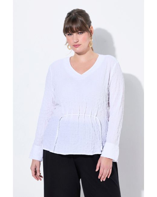 Ulla Popken White Tunika-Bluse Raffung V-Ausschnitt Langarm