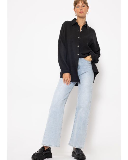SassyClassy Black Langarmbluse Oversize Musselin Bluse kurz Langarm Elegant Hemdbluse)