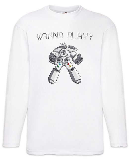 Urban Backwoods Langarmshirt Wanna Play Robot Langarm T-Shirt Retro Gamer Controller Video Game in White für Herren