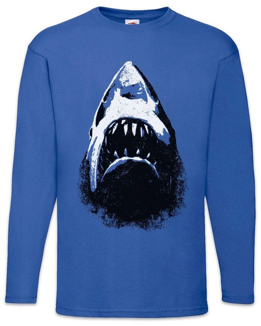 Urban Backwoods Langarmshirt Shark Face Langarm T-Shirt Hai Jaws Sharks Geek Nerd Haifisch Weiße in Blue für Herren