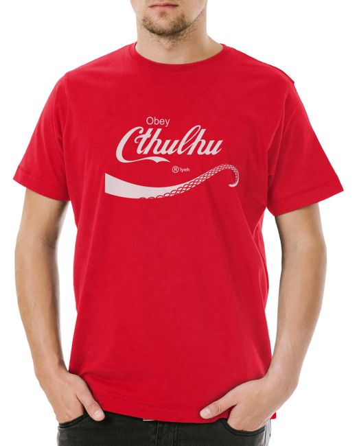 Urban Backwoods Print- Cthulhu Cola T-Shirt Lovecraft Miskatonic H.P. Fun University in Red für Herren