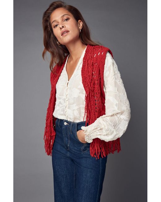 Next Red Grobmaschige Strickweste mit Fransen (1-tlg)