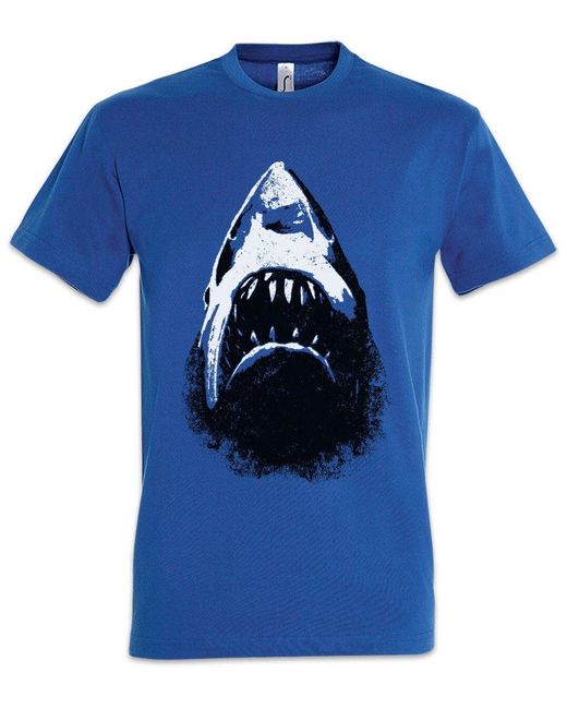 Urban Backwoods Print- Shark Face T-Shirt Hai Jaws Sharks Geek Nerd Haifisch Weiße in Blue für Herren