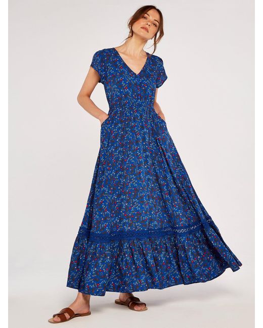 Apricot Blue Maxikleid geblümt, mit bestickter Bordüre