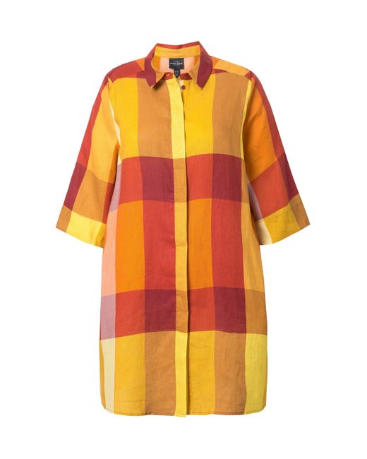 Ulla Popken Orange Leinen-Longbluse Hemdkragen Taschen 3/4-Arm